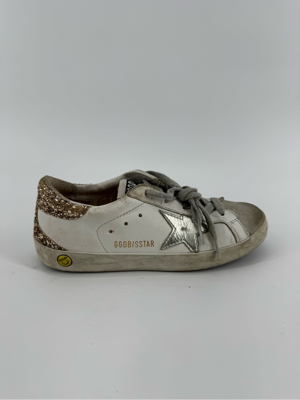 Kids Golden Goose White & Silver Superstar Sneaker with Gold Glitter Heel